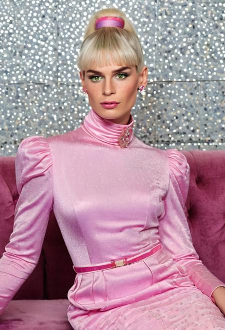 tgbody,
1boy,
A highly detailed best quality photography from the (year 2136:1.5) shows Cecilia, a pale skinned (mature) crossdresser in a contemporary bar room. He leans lasciviously on a stylish chaise longue, half sitting, half lying down and looks at the viewer with a demeaning and arrogant smile on his face. 
The androgynous face of the transgender Sissy with (wide-set) wide open green eyes, (long crucked nose), dimples, (freckles:1.6), (wide lower jaw) and an (underbite) is (odd) but tells the interesting story of his live. The aged skin is wrinkled and shows agespots.  The long white hair with (pink highlights) and blunt bangs is tied in a high ponytail. He has a masculine (flat chest:1.8). A heavy collar choker adornes the neck. He wears precious jewelry, Creole earrings and bangle bracelets. He wears a stunning and extravagant (futuristc style evening dress:1.5). The futuristic style decadent and furnished room is painted in changing purple to pink and silver colors. Futuristic wall lights create an intimate, subtle lighting atmosphere.