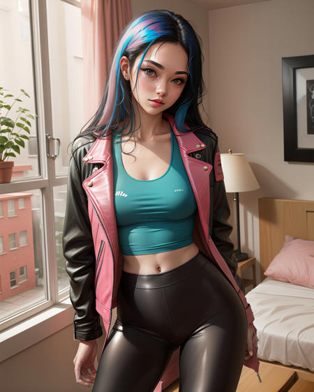 <lora:Helena:0.5> Helena, in bedroom, (straight hair:1.2), (black hair with blue highlights:1.2), masterpiece, high resolution, (leather leggings:1.2), (pink tank top:1.2), (open leather jacket:1.2), standing