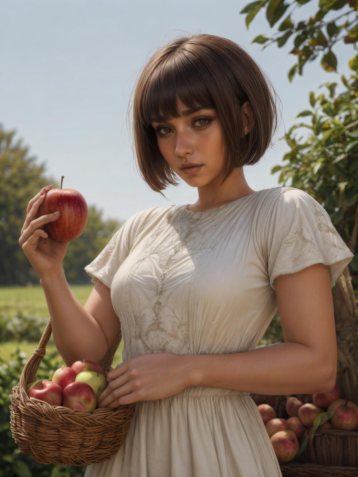 A Woman Holding an Apple and a Basket of Apples in a Garden.