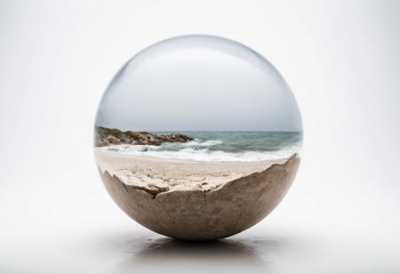 sphere made of an coastal landscape floating in an empty white background, professional photo, studio lightning