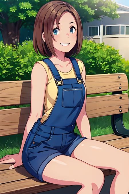 masterpiece, best quality,1girl, solo, CHIGUSA, short hair, brown hair, straight hair, blue overalls, evil smile, teeth mouth, sitting, outdoors, sitting on a bench,