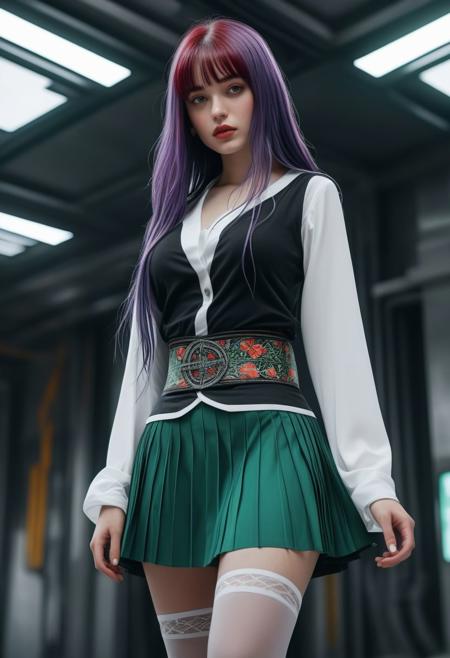 1 girl, beautiful face, seductive expression, long purple hair, flowing, bangs, blue pupils, red face, slightly open lips, white tight hip skirt (black and green lines on both sides of the skirt), black tunic belt, black stockings (length to upper knee), white booties (wrapped to the ankles), graceful sitting posture, full body, front view, from below, detailed clothing details, dynamic angle, terminal harem, realistic, edge lighting, masterpiece 8k UHD, DSLR, high quality, high resolution, 8k, bokeh, absurd, gorgeous background, sci-fi background, futuristic background, background detail detailed, masterpiece, high quality, (masterpiece, top quality, best quality, official art, beauty and aesthetics: 1.2), (1girl: 1.3), very detailed, (fractal art: 1.1), (color: 1.1) (flowers: 1.3), most detailed, (zentangle: 1.2), (dynamic pose), (abstract background:1.3), (shiny skin)