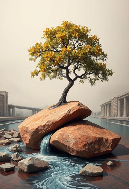 A Rock, A River, A Tree, minimalist still life meets theatrical impressionism, vibrant color blocking, dynamic composition, modern design with vintage drama, expressive lighting, structured geometry, soft pastel textures, stylized urban scenes, surreal object arrangements, elegant figures in motion, stage-like settings, crisp contemporary aesthetics, painterly atmosphere, emotional abstraction, clean design infused with narrative flair, visual poetry through shape and gesture