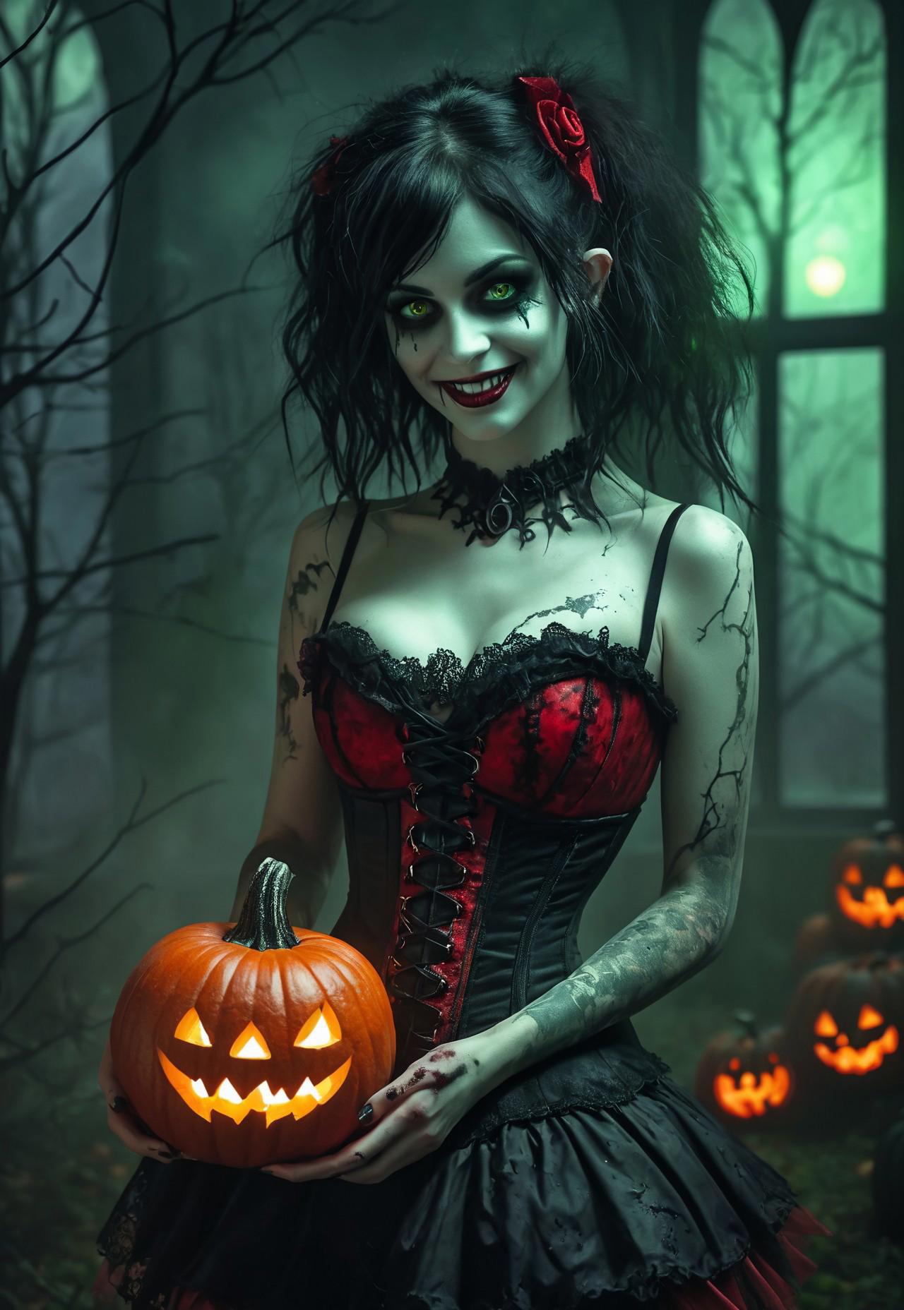 moonlit night, eerie mist, a cute zombie woman with dirty, mottled black messy hair, red skin and green eyes in a red and black corset and a black mini-skirt holds a lit Halloween pumpkin in her hands, smile, vampire teeth, Gothic mansion in the distant background, green light glowing from it's windows, eerie green mist, twisted trees, dark and scary, masterpiece, high quality