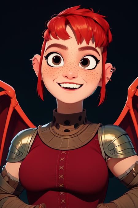 Nimona, short red hair, freckles, sidelocks,black eyes, smiling,  wings on upper back, 
NimSuit,ear piercing,armor,bandages,gloves ,dress,brown footwear, 
nighttime, outdoors, 
 (insanely detailed, beautiful detailed face, masterpiece, best quality) 
<lora:Nimona-10 v3:0.7>