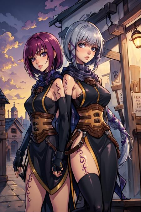 masterpiece, best quality, standing, looking at viewer, village, clair lasbard, long ponytail, hair ribbon, striped scarf, black dress, corset, belt, fingerless gloves, thigh boots <lora:clairlasbard-nvwls-v2-000012:0.9>