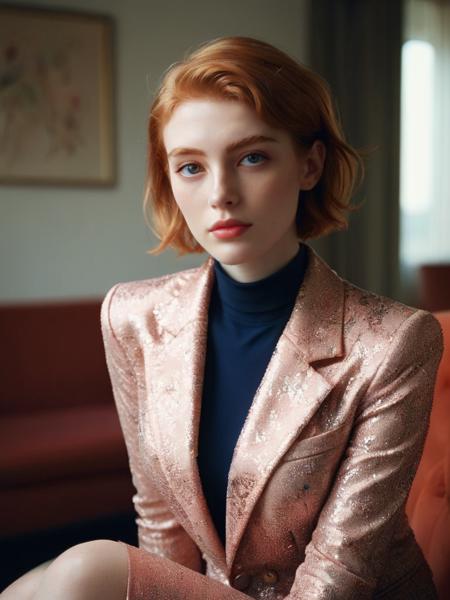 [Fashion:1.3] photo of, 24yo, European girl, radiant winsome, demure English rose, Magda Delaney-Rhodes,  ( Ethereal, enigmatic  Beauty:1.2), (natural Ginger : 1.3), Stylish ( short hair) office executive haircut, (vampish eyebrows:1.2), head-tilt, (looking at the viewer), flirtatious expression, (sexy smile:1.3), (seductive:1.2), flirtatious, (beauty spot on cheek:1.3) expensive Necklace, (realistic skin:1.2), (shiny skin:1.2), (Hourglass figure:1.2), (large breasts:1.1), (cleavage:1.1) (Wearing a structured navy blazer with a coral floral-printed sheath dress and cropped trousers. :1.3), LV Bag, (Sitting in luxury Hotel Suite:1.3), (provocative posture), (Close-up:1.2), (from below:1.2), (dynamic view:1.2), (shallow depth of field:1.4), (Bokeh:1.4), (Cinematic lighting:1.2), (cinematic color grading:1.1),  (shot using a Hasselblad 500CM camera), (on Agfa Vista film), in the style of ( Alex Prager : 1.3), (Rule of thirds:1.3) <lora:ral-glitter:1> ral-glitter