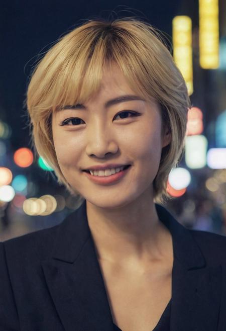 An old modest female model, Japanse, with short blonde hair, wearing beautiful makeup, a black suit, casual wear, in a Japanese city center, night, blue filter, Bokeh, smiling, nostalgic, detailed, UHD, DSLR, soft lighting, the 1990s, VHS footage