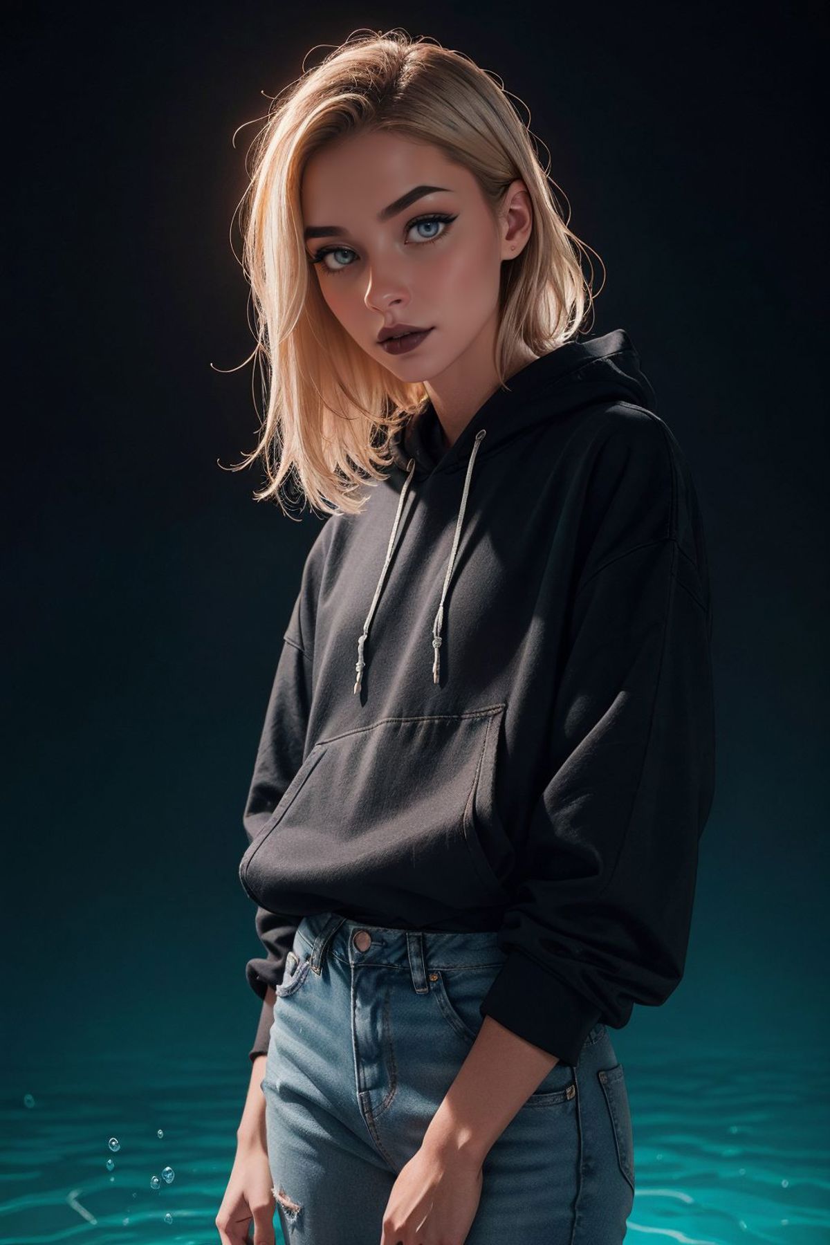 A woman wearing a black sweatshirt and jeans poses for the camera.