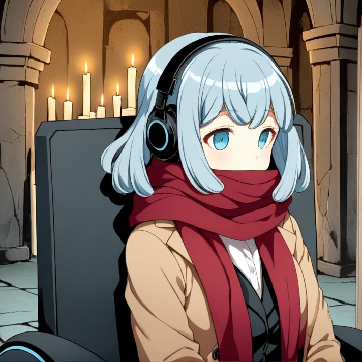 <lora:add_detail:1>, <lora:Miaya_Gekkogahara_SDXL:1>, Miaya Gekkogahara is sitting in her wheelchair. She is wearing a long dark red scarf over a white dress shirt. The scarf covers most but not all of her mouth. She is also wearing pale brown jacket a black vest and a black skirt. Miaya has her blue-grey hair held back by light grey headphones. Her wheelchair has a large monitor at its base with Monomi within it. Miaya Gekkogahara is visiting an ancient crypt, where restless spirits linger. She sits by a marble tomb, listening to the woes of a sorrowful ghost. Miayaâs empathetic words help the ghost find peace. The crypt is illuminated by the soft, eerie glow of spectral candles, and the walls are adorned with intricate, timeworn carvings, adding to the somber yet peaceful atmosphere.