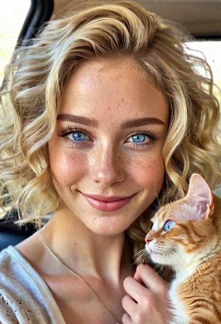 a beautiful girl, short light blonde wavy hair, above shoulder length blond curly hair, blue eyes, (perfect eyes), (perfect pupils), 1girl, sitting on coach with cat, cat on lap, fluffy cat, , very happy, 4K, RAW, best quality, (masterpiece), (ultra-detailed), (hyperrealism:1.2), extremely detailed eyes, (extremely detailed face), textured skin, (photorealistic, hyperdetailed:1.2), insane details, big smile, cute face, stunningly beautiful, pale skin, freckles, blush, detailed skin, extremely detailed, (RAW photo, best quality), (realistic, photo-realistic:1.3), best quality , I phone, best quality I phone picture, I phone selfie, front facing selfie, <lora:picxer_real:0.8>