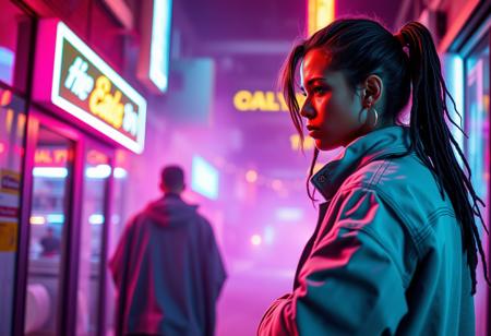 Create an image that captures the intensity and tension of a confrontational moment. Picture a dynamic scene with two characters facing off, set in a modern, urban environment. The background is filled with neon lights, casting a colorful yet moody glow on the characters. The main character, dressed in edgy, street-style clothing, is standing confidently with a determined expression, while the other character, slightly in the background, looks caught off guard. The energy is electric, with a sense of movement as if the scene is frozen mid-action. The overall color palette should be vibrant with strong contrasts, emphasizing the emotions of the confrontation.