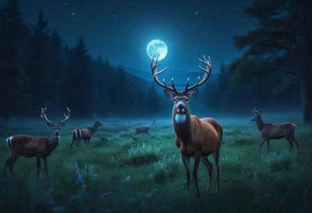 beautiful deer with glowing antlers in the meadow, soft and luxurious texture with detailed details, rich and detailed colors, detail, background night, moon, 8k, ultra sharp, ultra detailed, perfect quality, raw artwork, intricate details, ultra clean wallpaper with in vivid color, art by Liam Wong