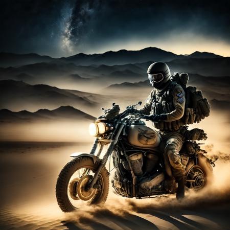 photo, a soldier on a motorcycle in the desert at night (armybiker style:1)  <lora:djzArmyBiker:0.8>