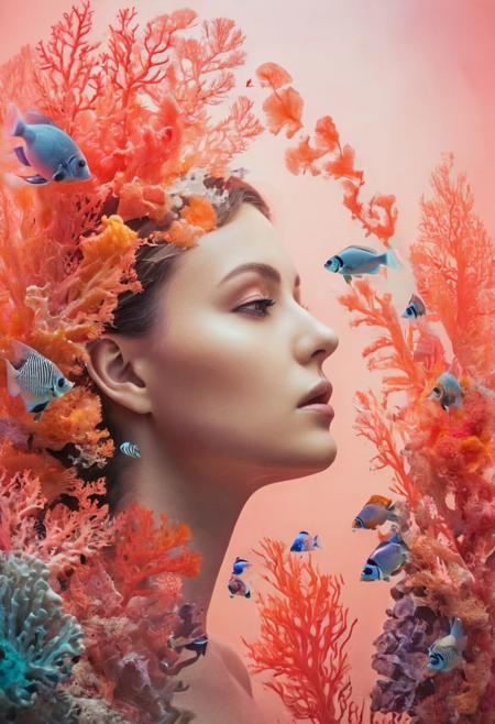 Surreal double exposure concept of feminine russian woman silhouette sculpted from cornucopia of colorful coral - underwater plant and fishes, vibrant coral reef background, schools of tropical fish surrounding, undulating anemones and sea fans, artfully arranged for provocative whimsy, colorful and rich textures,