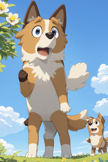 Bluey Style, open mouth, holding, animal ears, standing, tail, full body, flower, male focus, outdoors, food, multiple boys, sky, day, cloud, 2boys, looking at another, black eyes, tree, blue sky, crossed arms, grass, holding food, dog ears, furry, dog, dog tail, bush, furry male, balloon, cat boy, dog boy