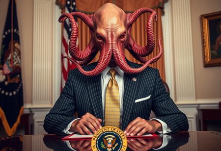 president cthulu in a sharp pin striped suit posing for presidential portrait in the oval office, real photograph, signing bill, empty eyes, lovecraftian, vote for cthulu photorealistic, correct hands, correct fingers, seal of the president of the united states, ad to vote