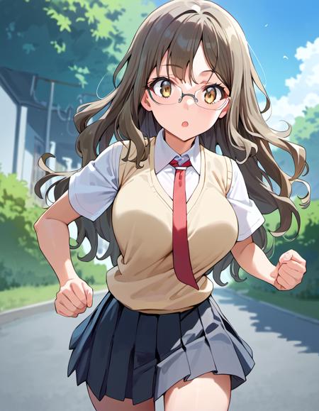 frio, frio, long hair, sidelocks, bangs, brown hair, grey hair, wavy hair, large breasts, rimless eyewear,   school uniform, labcoat, open clothes, white shirt, collared shirt,brown vest,  pleated skirt, black skirt, red necktie, 