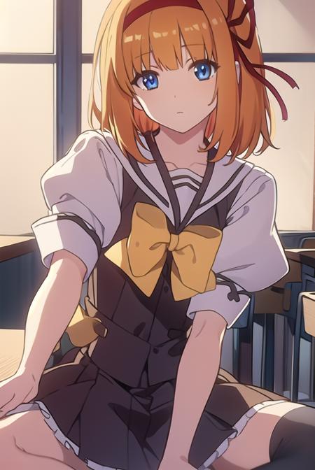 kaedefuyou, <lyco:kaedefuyou-LYCORIStest:1>,
kaede fuyou, short hair, orange hair, hair ribbon, hairband, blue eyes,
BREAK skirt, bow, ribbon, school uniform, short sleeves, pleated skirt, serafuku, socks, puffy sleeves, bowtie, puffy short sleeves, black socks, yellow bow, yellow bowtie,
BREAK looking at viewer,
BREAK indoors, classroom, 
BREAK <lora:GoodHands-vanilla:1>, (masterpiece:1.2), best quality, high resolution, unity 8k wallpaper, (illustration:0.8), (beautiful detailed eyes:1.6), extremely detailed face, perfect lighting, extremely detailed CG, (perfect hands, perfect anatomy),