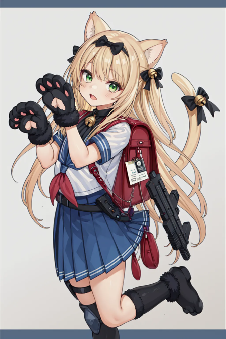 (beige blonde hair), (light green eyes), long hair, (beige blonde cat ears), (beige blonde cat tail with black ribbon and bell:1.2), black hair bow on hair, black ribbon with bell in the hair on either side, side bangs, blunt bangs, black cat paw glove, red school bag on the back attached submachine gun, school uniform, paw pose,