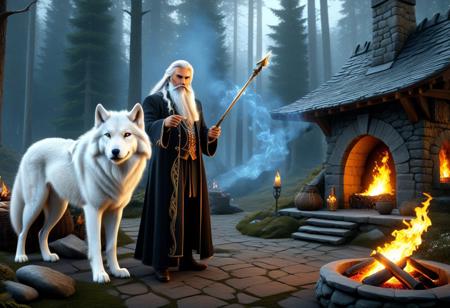 flux stil ,ultra realistic image with high resolution and stable focus correct and accurate anatomy, correct and accurate objects, perfect detail, ultra realism, photo realism, an image depicting a magician, a dtsrec with a long beard and white long hair leaning on his magic wand standing next to a hearth in which a magical fire burns in front of his stone house merges with the forest landscape, next to him there is 1 huge dragon staring into the fire, at the feet of the magician lies a meekly huge white wolf. ultra detail