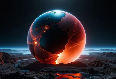 piercing light, (aesthetics:1.1), (low colors:1.2), BREAK,
, Futuristic epic disaster scene of Earth sinking into another planet made of translucent materials and its internal structure clearly visible, including magma spills and light-emitting explosions. its precise construction and possible geostructure. Hi-tech and futuristic holographic planet body scan, bioluminescence, fiber optics, masterpieces, octane rendering, unreal engine,
 , intricate details, UHDR, 32K,