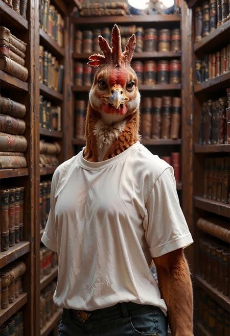 animanflux. Anthropomorphic, cinematic setting, fashion shoot. Facing the viewer. A high-quality realistic full-length view photo of an anthropomorphic female hen dressed in an untucked white, cotton, crewneck t-shirt. She is posed face on to the viewer in front of bookcases full of vintage leather-bound books.