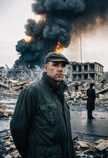 Photo of a man who is standing looking at how his city has been destroyed by a nuclear bomb. He has just arrived at the disaster and observes the horror of the destruction, ruined buildings full of smoke and flames, ground full of rubble with skeletons lying around In the dawn light floods the scene, the man is completely dressed in normal clothes and wet, he is dirty, everything is a disaster, the sky is cloudy and it is raining, , Fujifilm XT3,film still,film grain,cinematic,soldier accessories,war style, professional photo,best quality and best aesthetic,Award-winning artistic photos,Outdoors,public places,defeated posture, ( detailed in background:1.6)Serious,Curi