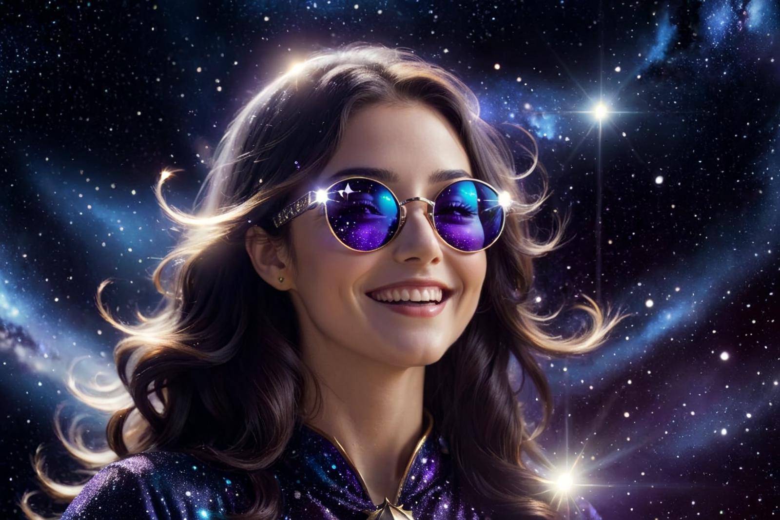 A smiling woman wearing blue sunglasses and a purple shirt, surrounded by stars.