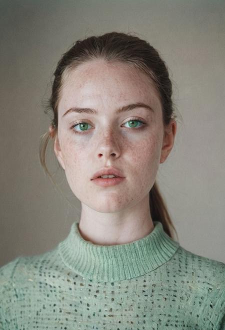 Retro film photo  in great natural lighting, low contrast and subdued. Film distortion and flaws, grainy blur in spots. A beautiful young woman with green eyes and Italian heritage vaguely resembling Tyler, Liv. Pale skin, the lightest freckles, hair pulled back into a tight ponytail. Full cheeks, rounded chin. 
She displays her body, coyly but suggestively, her soft breasts and fit body enticing. 
 inviting intimacy, thin wrists, slender waist, length legs, pubic mound. And thigh gap.  She is aching to make love but is also coy and hesitant, lacking self esteem. 
She looks tired and Strung out, but she is also achingly aroused and super turned on. Sensual passion, achingly horny.  White studio and pale.