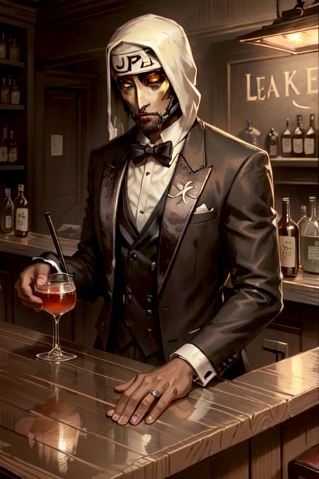 <lora:DarkestDungeon_LeperV1.0-000014:.75>  LeperDD2 tuxedo, tie, bar, drinks