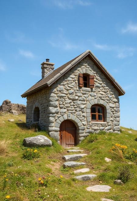 stone house realistic style, merging with the environment, dug into the ground on scats