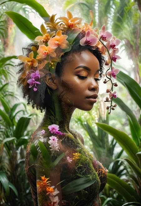 double exposure, elegant BLACK woman's outline entwined with jungle foliage, LOOKING AT THE CAMERA, vibrant bursts of orchids and bromeliads, intricate layered plant textures, soft bokeh highlights in background, ethereal blending of human and botanical forms, earthy warm color tones