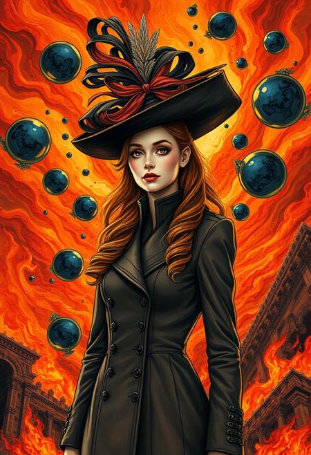 Amid a fantastical landscape of burning skies and shifting shadows, an elegant figure stands unshaken, their presence magnetic. Long curls cascade past their shoulders, catching fiery highlights that seem drawn with deliberate brushstrokes. A close-fitting coat with high collars and decorative seams hugs their frame, while a dramatic, asymmetrical hat rises high, adorned with curling fabric and delicate metallic filigree. Around them, the atmosphere is wild and surreal: streaks of vermilion, ochre, and blood-orange twist and coil like living flames, interrupted by floating orbs of deep indigo and black. Some of these spheres reflect distorted fragments of the figure’s face, adding to the dreamlike dissonance. The background shimmers with abstract patterns—repeating shapes, fluid mosaics, and fragmented architectural hints. The style fuses expressive brushwork with fine-lined graphic realism, creating a scene both richly emotional and tightly composed, where elegance confronts chaos with unwavering dignity.