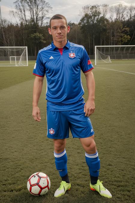 on a soccer field, IvanBartok, slight smile, wearing (uniform of Czech national soccer team), soccer ball, (((full body portrait))), wide angle,  <lora:IvanBartok:0.8>