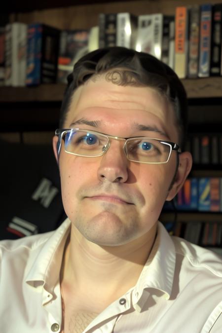 raw photo of a young adult man sitting on a couch, extreme close up, perfect face, glasses, white button up shirt, shelves of games in background, 8k uhd, fujifilm xt3