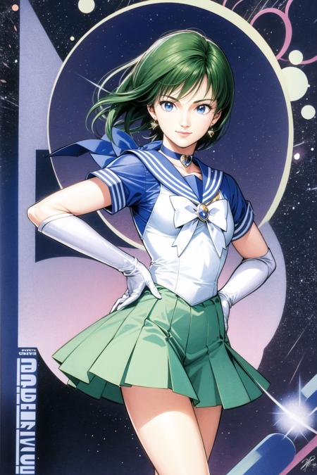 1girl, solo, sailor senshi uniform, gloves, magical girl, blue eyes, skirt, choker, bow, short hair, tiara, green hair, back bow, jewelry, elbow gloves, sailor collar, white gloves, sailor mercury, earrings, blue skirt, smile, blue sailor collar, blue choker, mizuno ami, brooch, hand on hip, pleated skirt, circlet,<lora:Tsukasa Hojo:0.8>