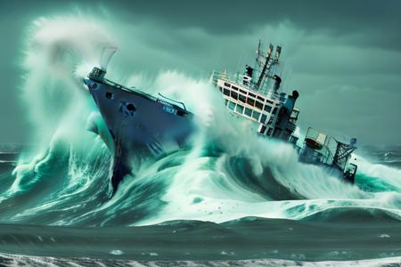 professional photograph of a  rough seas, (container ship:1.2)  <lora:Waves_v2:1>