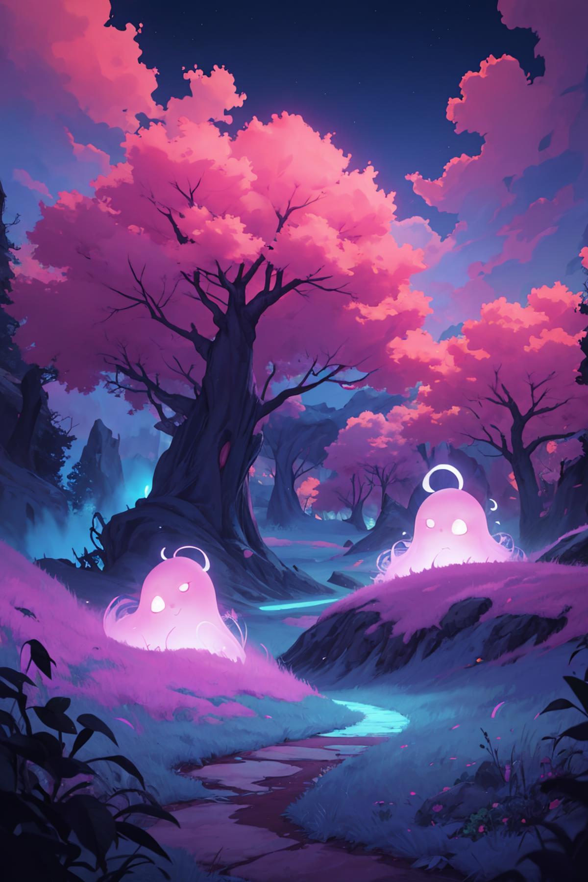 A purple forest with glowing ghostly creatures in the trees.