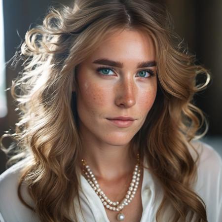 sarahtaylor Realistic 8K portrait: A young Smiling Freckles brunette, green eyes, wind-blown long hair, pearl necklace; dramatic lighting, cinematic colors; hyper-above