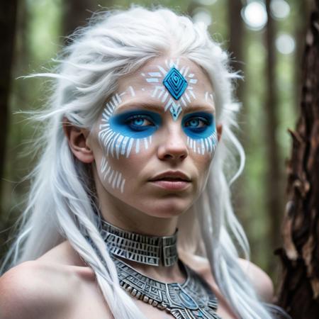 Aztec albino woman with silver hair and bright blue eyes hunting in the forest