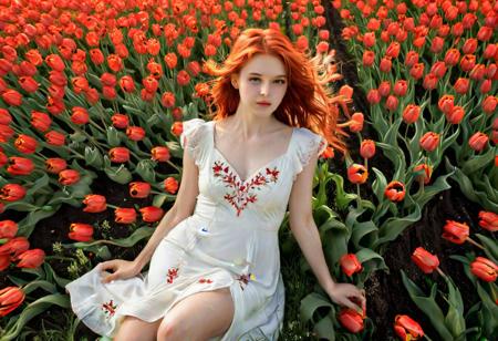 Full body portrait 1woman. (lovely red tulips flower field: 1.9). Red hair, loose hair, windy. White dress with embroided red flowers. Early hour, bright red sun, (Nue artistique, entirement nue: 1.9). Sit on the grass in a garden. Milo Manara's style.photo. SFW