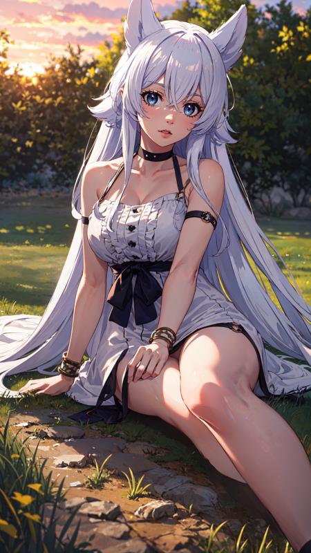 white hair long hair animal ears blue eyes white dress bracelets bare shoulders blue ribbon choker gladiator sandals