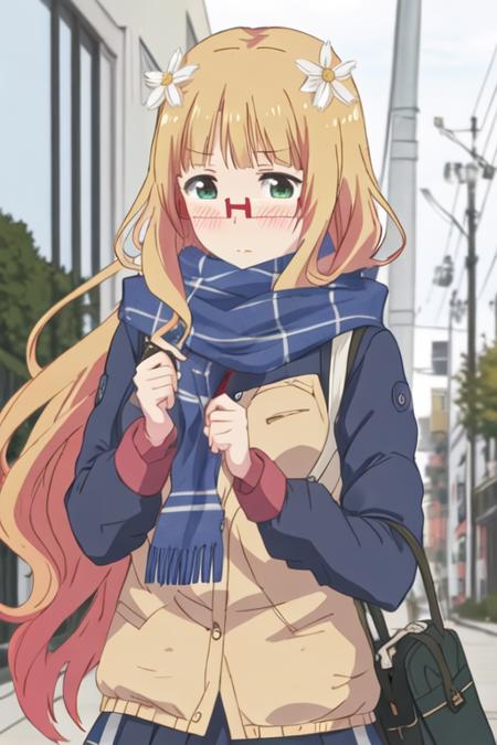 best quality, masterpiece, highres, solo, {mitsuki_sonoda_sakuratrick:1.15}, blonde_hair, glasses, flower, blush, hair_flower, hair_ornament, long_hair, green_eyes, red-framed_eyewear, 1girl, blue_scarf, from_side, profile, scarf, semi-rimless_eyewear, upper_body, under-rim_eyewear, outdoors