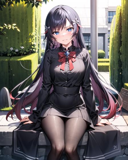 masterpiece, best quality, ultra-detailed, illustration, warm lighting, bright colors, 1girl,solo, long hair, very long hair, rosaria le friede,

black hair, blue eyes, black dress, black pantyhose,

school uniform, sitting, outdoors, t-shirt, casual wear, annoyed,


 <lora:Rosa:0.60>