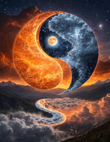 "A cosmic Yin-Yang symbol where one half depicts a serene night sky filled with swirling storm clouds, a glowing moon, and a starry expanse, while the other half features a vibrant sunrise over rolling mountains, with warm orange hues and soft sunlight. The transition between the two sides is seamless, with reflective surfaces and subtle gradients adding depth to the surreal composition."