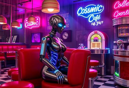 A sleek humanoid android with polished chrome and matte black body panels, glowing blue circuit patterns visible beneath translucent skin sections, sitting at a red vinyl booth in a classic 1950s American diner. The android has an elegant feminine form with articulated joints, LED strip accents along the limbs, and softly glowing cyan eyes. Subtle holographic displays project from forearm panels. Classic diner interior with checkered black and white floor tiles, red vinyl booths and chrome-trimmed stools, curved chrome counter with glass pie cases. Retro jukebox in corner with colorful lights. Vibrant neon lighting casting pink, blue, and purple glows throughout the space. Neon signs on walls reading "COSMIC CAFÉ" and "OPEN 24/7" in retro cursive fonts. Atmospheric haze and light rays cutting through smoky air. Warm tungsten lighting from vintage pendant lamps mixed with cool neon colors. Holographic menu displays floating above tables, digital rain effects on windows, subtle glitch artifacts in reflections, chrome surfaces reflecting neon colors, futuristic modifications to classic diner equipment with LED accents and digital displays. Cyberpunk atmosphere, cinematic composition, dramatic lighting, high contrast, photorealistic rendering, detailed textures, 8K quality, professional photography style, slight film grain, color grading with cyan and magenta tones, retro-futuristic aesthetic.
