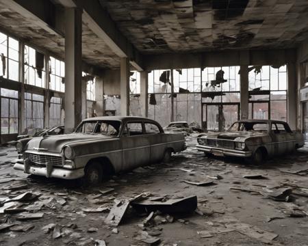 best quality, realistic, vray, hdr, in a post-apocalyptic abandoned shopping plaza, broken storefront windows, debris-filled dried fountain, abandoned cars., by Walker Evans,  <lora:PostApocalypticXL_v1:0.8> SZ_4po enviroment