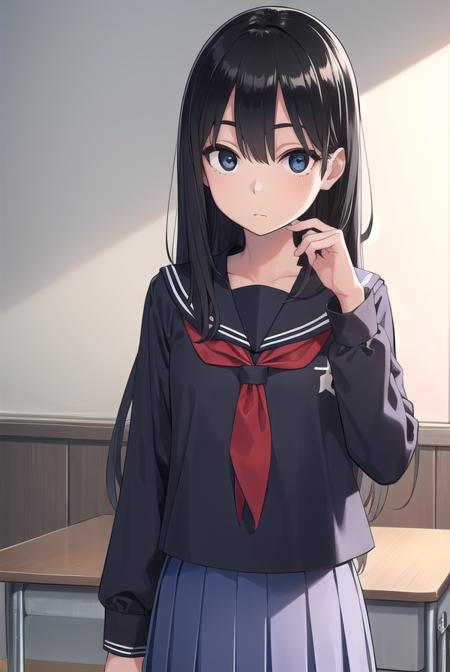 sakiyoshida, <lora:sakiyoshida-lora-nochekaiser:1>,
saki yoshida, long hair, hair between eyes, (black eyes:1.5), black hair,
BREAK skirt, pleated skirt, serafuku, shirt, (blue shirt:1.2), long sleeves, long skirt, blue skirt, blue sailor collar, sailor collar, neckerchief, red neckerchief,
BREAK indoors, classroom,
BREAK looking at viewer, (cowboy shot:1.5),
BREAK <lyco:GoodHands-beta2:1>, (masterpiece:1.2), best quality, high resolution, unity 8k wallpaper, (illustration:0.8), (beautiful detailed eyes:1.6), extremely detailed face, perfect lighting, extremely detailed CG, (perfect hands, perfect anatomy),