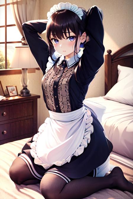 (masterpiece, best quality, absurdres:1.2), MaikaSaku, <lora:Maika5:0.8>, dynamic pose, looking at viewer, (maid uniform:1.4), (bedroom, indoors), seiza, arms behind head